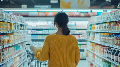 A close-up of a woman holding an empty shopping basket while standing by the dairy aisle in a grocery store. Ai generated