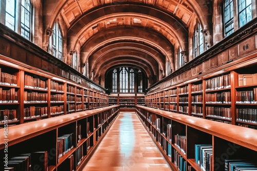 Vintage library with grand arched ceiling and endless bookshelves