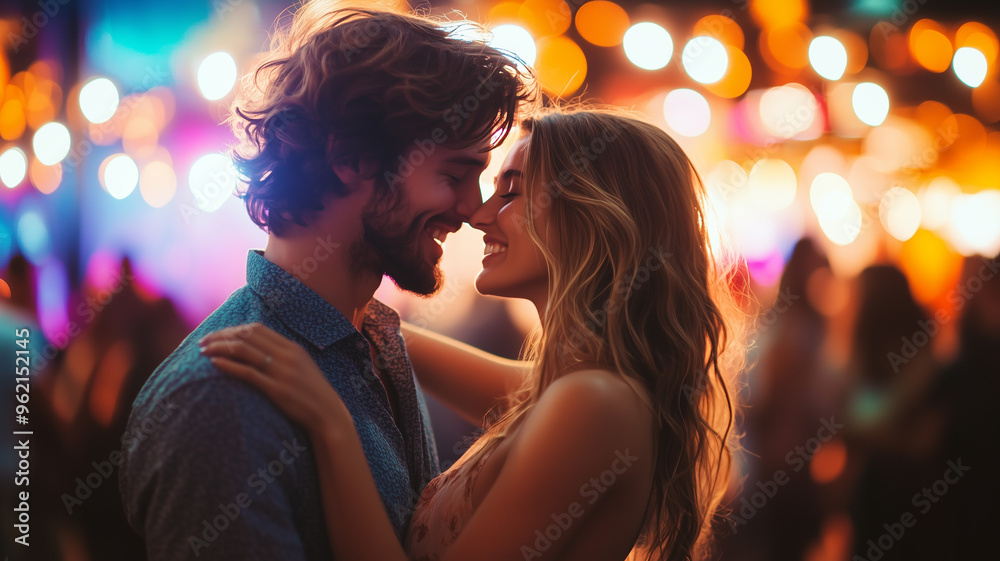 A happy couple dancing close together at an open-air concert in the evening, with colorful lights from the stage reflecting their joy and the bustling crowd around them. Ai generated A happy couple dancing close together at an open-air concert in the evening, with colorful lights from the stage reflecting their joy and the bustling crowd around them. Ai generated