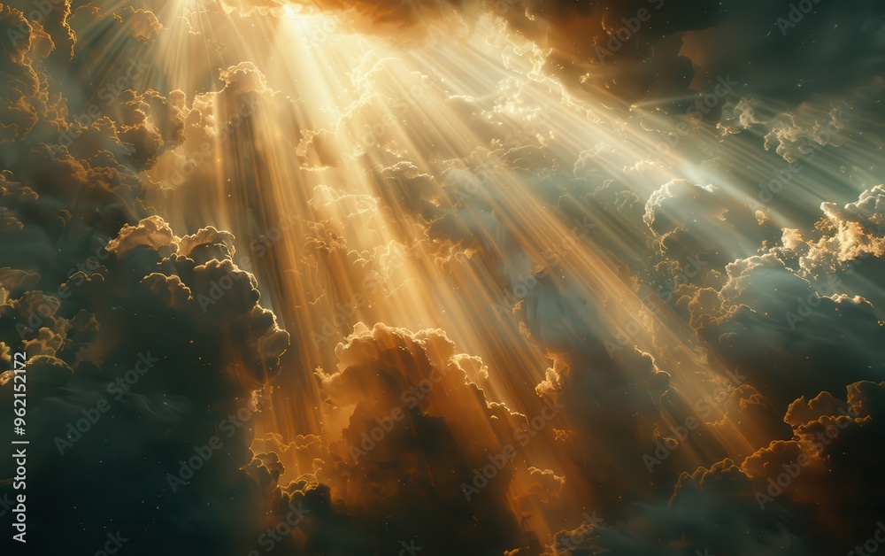 Fototapeta premium Golden Rays of Light Through Dramatic Clouds