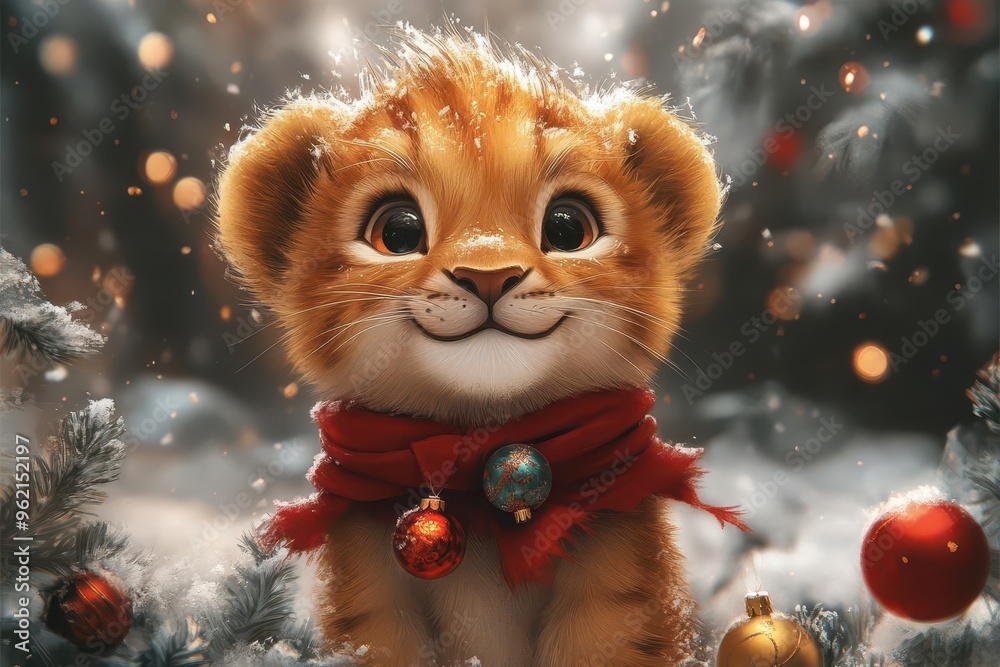 whimsical illustration of a lion cub celebrating its first christmas surrounded by festive decorations in a cozy winter forest setting whimsical illustration of a lion cub celebrating its first christmas surrounded by festive decorations in a cozy winter forest setting