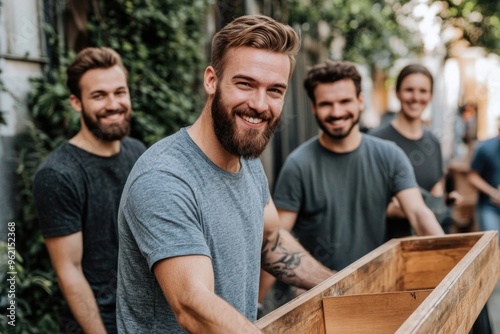 Smiling friends with beards enjoy outdoor woodworking project together