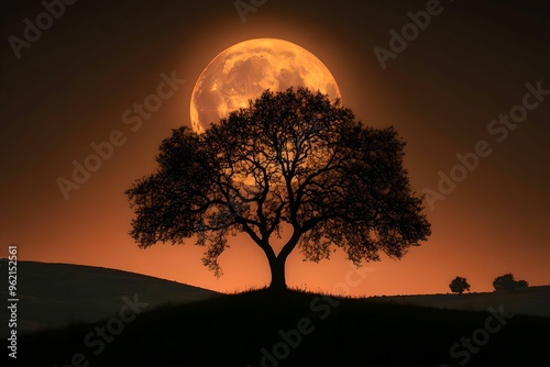 Eerie Full Moon Silhouette at Dusk, tree, fullmoon, darksky, landscape
