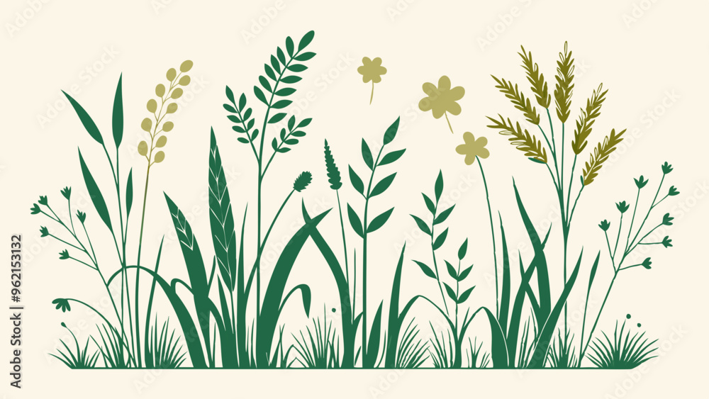 Obraz premium Doodle Grass and Wild Herb Silhouette Vector Set