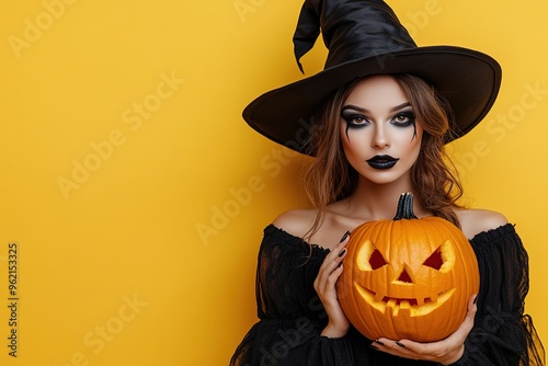 Portrait of woman at Halloween party as dead witch with funny and silly expression on her face. Young woman with bloody make-up holds glowing pumpkin covered with spider webs on orange background