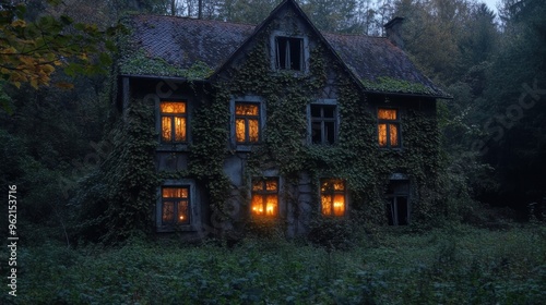 An abandoned house covered in overgrown vines, with flickering candles lighting up the windows