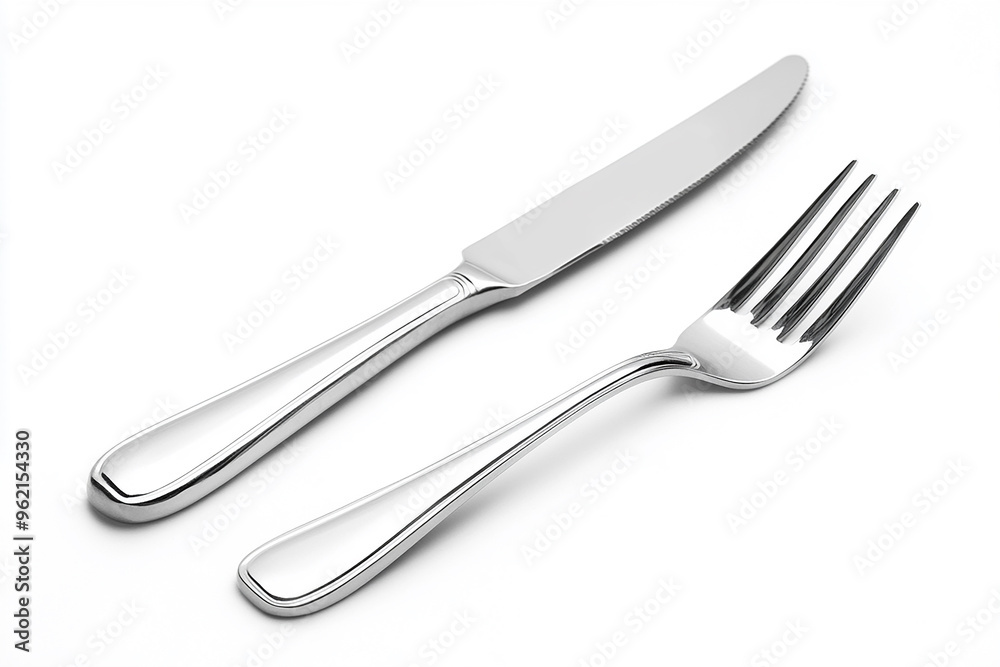 A set of stainless steel cutlery, including a knife and fork on a white background A set of stainless steel cutlery, including a knife and fork on a white background