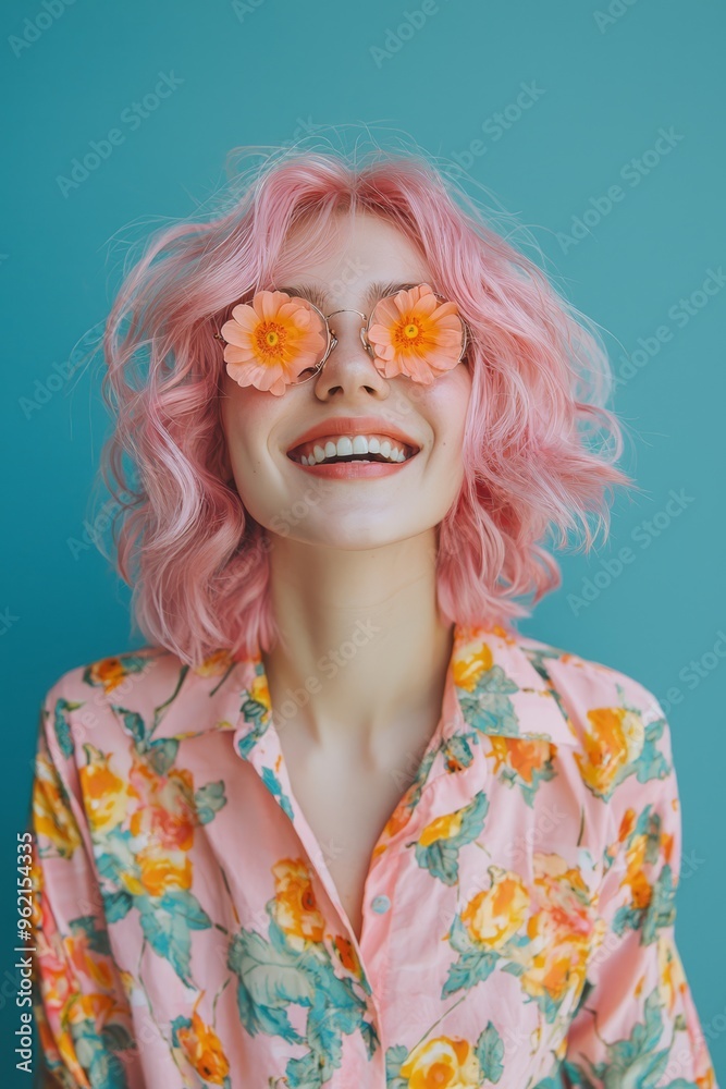 A smiling woman showcases her pink hair adorned with flowers, dressed in a pastel floral shirt, capturing a joyful moment in a colorful studio setting. A smiling woman showcases her pink hair adorned with flowers, dressed in a pastel floral shirt, capturing a joyful moment in a colorful studio setting.
