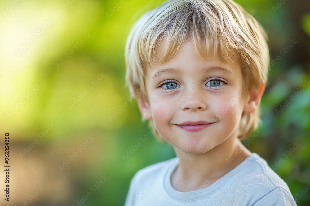 A blond-haired child with bright blue eyes smiling happily with a blurred natural background, exuding innocence. A blond-haired child with bright blue eyes smiling happily with a blurred natural background, exuding innocence.