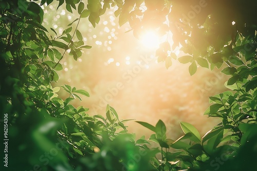 Sunlight filters through lush green leaves, highlighting the natural beauty and creating a calm, refreshing image.