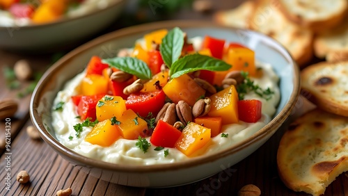 A plate of whipped ricotta with fresh roasted peaches and pitta slices served with a balsamic drizzle and herbs.