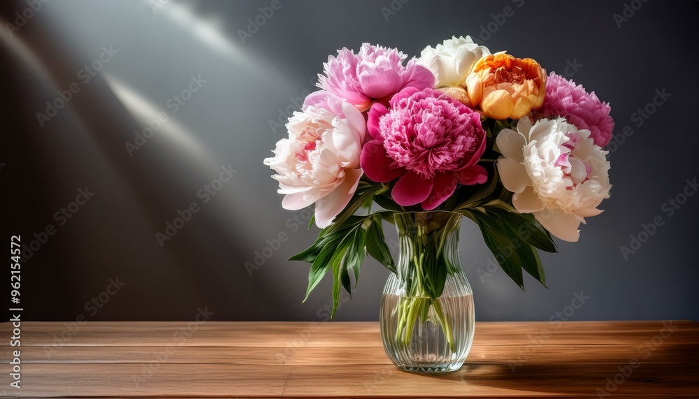 A glass vase with colorful peonies stands on a wooden table. A glass vase with colorful peonies stands on a wooden table.