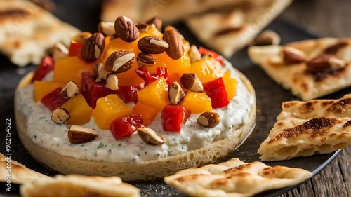 A plate of whipped ricotta with fresh roasted peaches and pitta slices served with a balsamic drizzle and herbs. photo