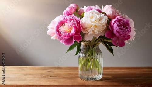 Wallpaper Mural A glass vase with colorful peonies stands on a wooden table. Torontodigital.ca