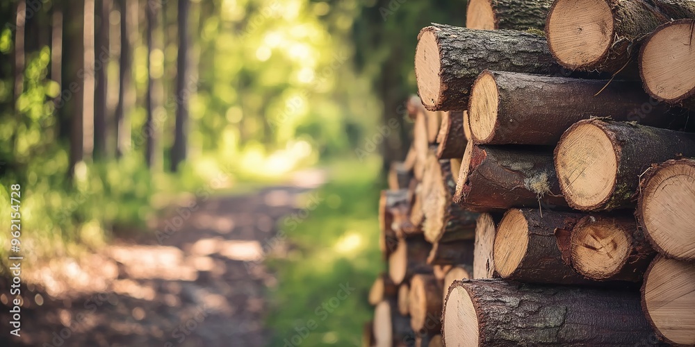 Sunlight illuminates stacked logs positioned beside a forest path, creating a natural and serene outdoor setting filled with greenery. Sunlight illuminates stacked logs positioned beside a forest path, creating a natural and serene outdoor setting filled with greenery.