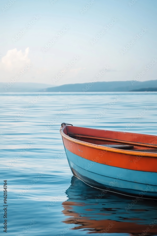 Naklejka premium Vibrant orange and blue boat floats serenely on calm water with distant mountains, a perfect scene of tranquility.