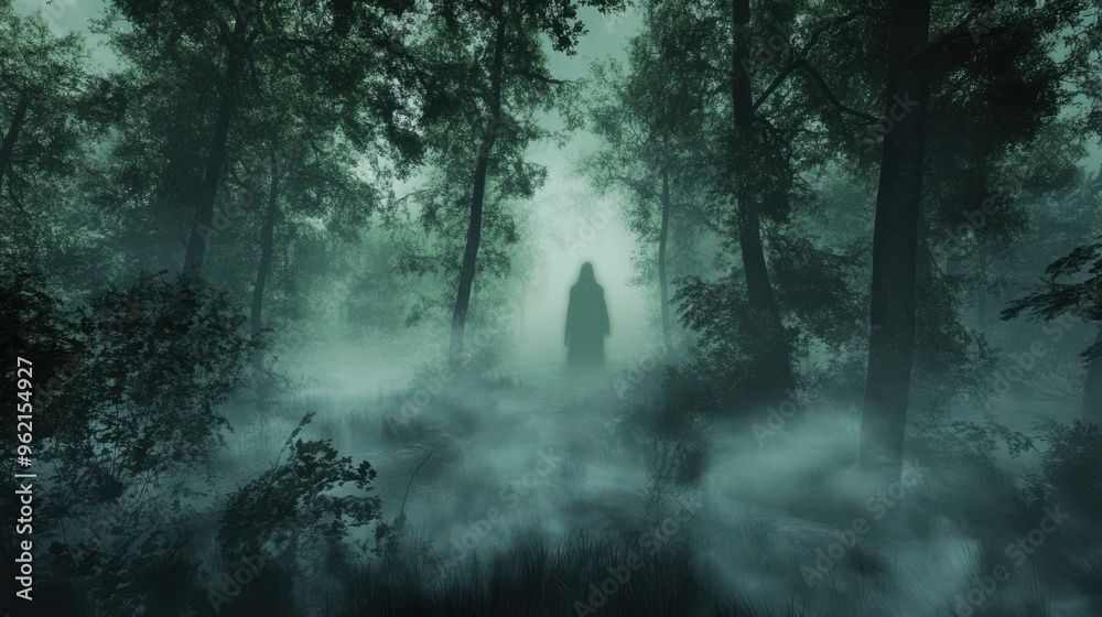 Fototapeta premium A misty forest with the shadow of a ghostly figure barely visible in the fog