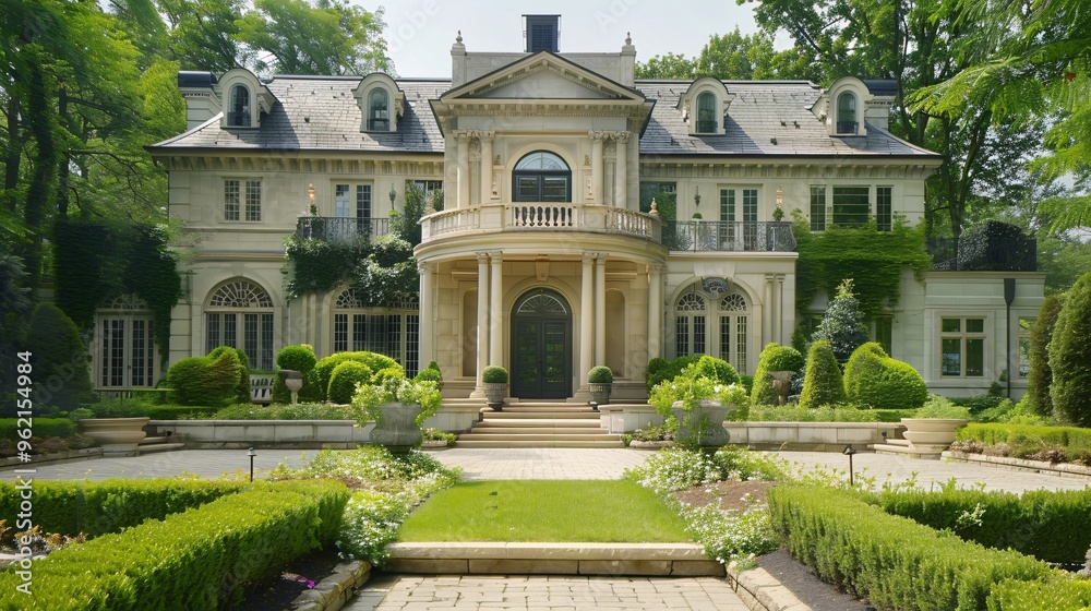 Naklejka premium Elegant classic house exterior with grand entrance and lush garden