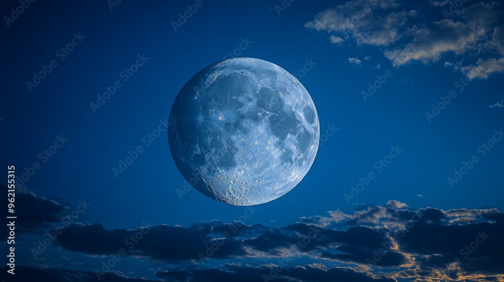 Bright full moon glowing against a deep blue night sky with scattered clouds, creating a serene and atmospheric nighttime scene Bright full moon glowing against a deep blue night sky with scattered clouds, creating a serene and atmospheric nighttime scene