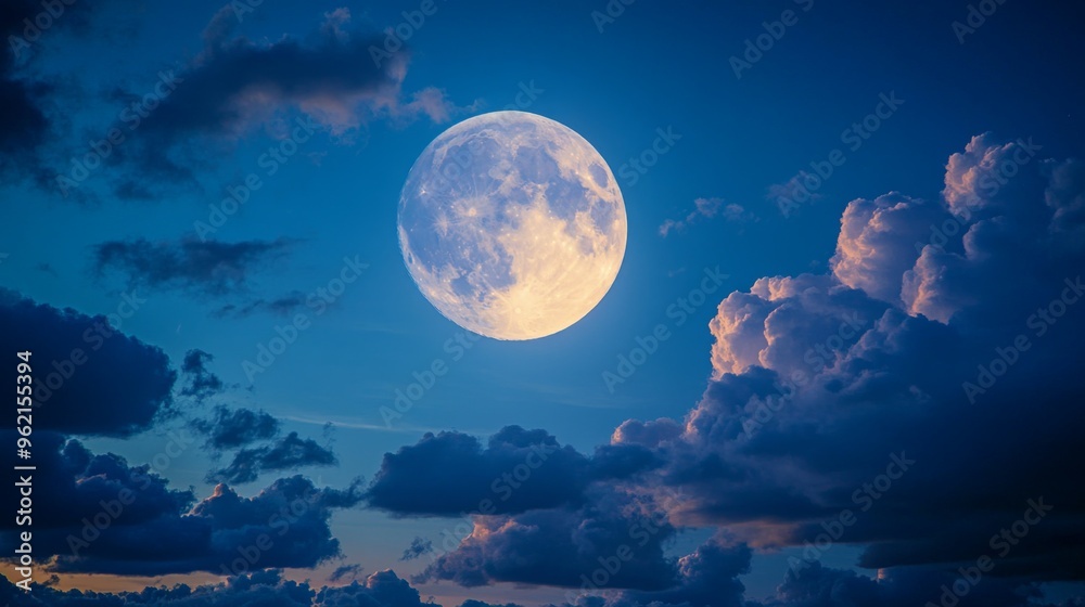 A bright full moon lights up the night sky, casting a soft glow on the clouds, creating a peaceful and serene nighttime scene A bright full moon lights up the night sky, casting a soft glow on the clouds, creating a peaceful and serene nighttime scene