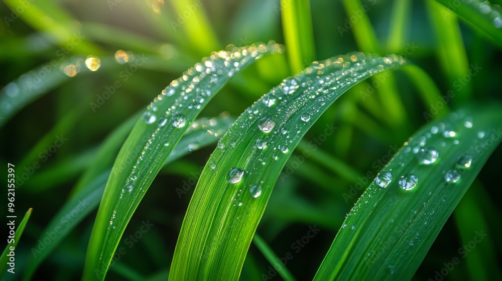 Macro shot of fresh dewdrops on vibrant green grass blades, glistening in natural sunlight and creating a refreshing morning scene Macro shot of fresh dewdrops on vibrant green grass blades, glistening in natural sunlight and creating a refreshing morning scene