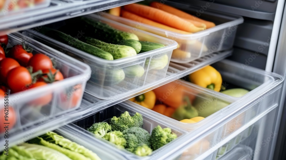 Fresh vegetables such as tomatoes, cucumbers, and carrots neatly organized in plastic containers inside a refrigerator, promoting healthy eating and storage Fresh vegetables such as tomatoes, cucumbers, and carrots neatly organized in plastic containers inside a refrigerator, promoting healthy eating and storage