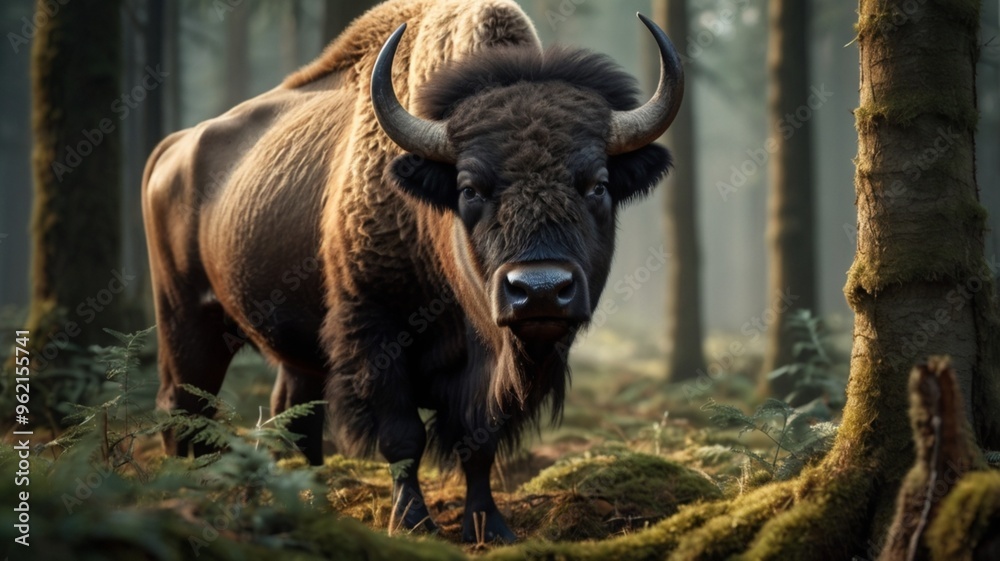 buffalo in the forest, in a close-up photo