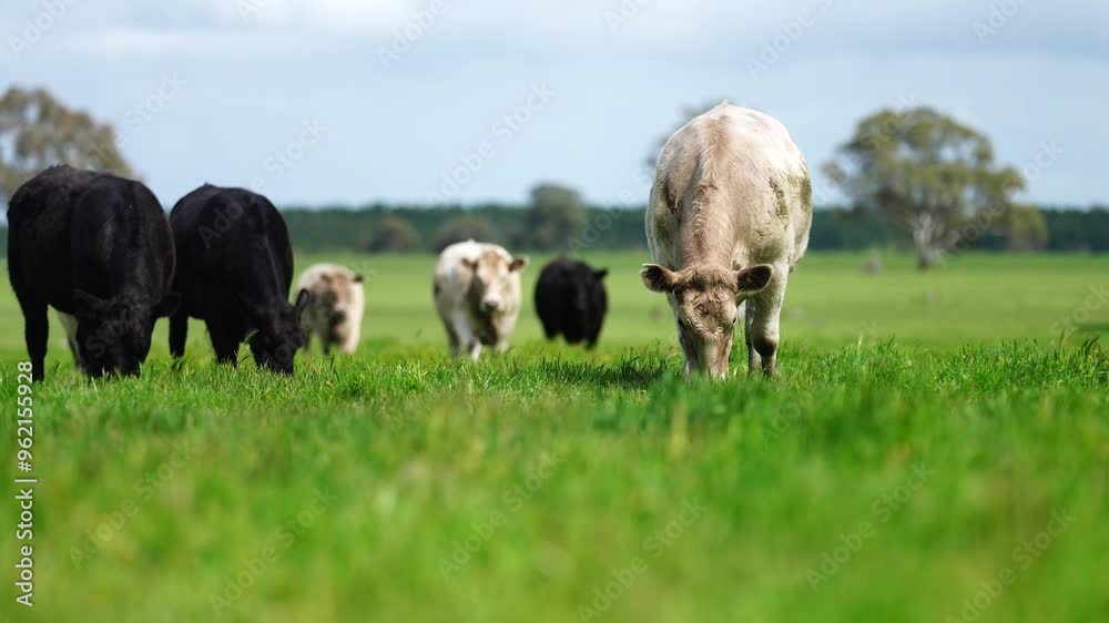 beautiful cattle in Australia  eating grass, grazing on pasture. Herd of cows free range beef being regenerative raised on an agricultural farm. Sustainable farming 