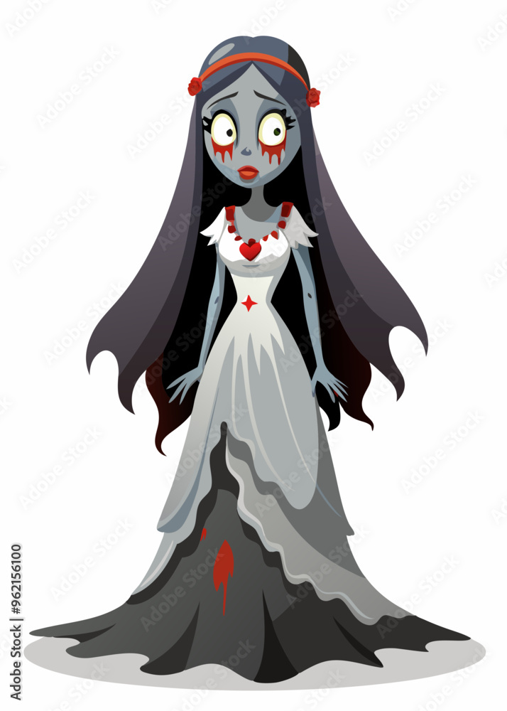 Ghostly bride in a torn wedding dress, with a blood-stained veil and hollow eyes.
Ghostly bride in a torn wedding dress, with a blood-stained veil and hollow eyes.
