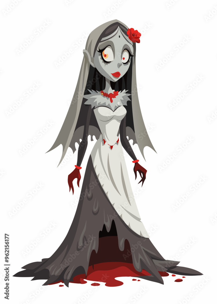 Ghostly bride in a torn wedding dress, with a blood-stained veil and hollow eyes.
Ghostly bride in a torn wedding dress, with a blood-stained veil and hollow eyes.