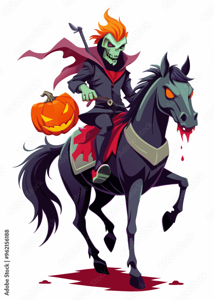 Spooky Horseman Riding a Black Horse on White Background
Spooky Horseman Riding a Black Horse on White Background