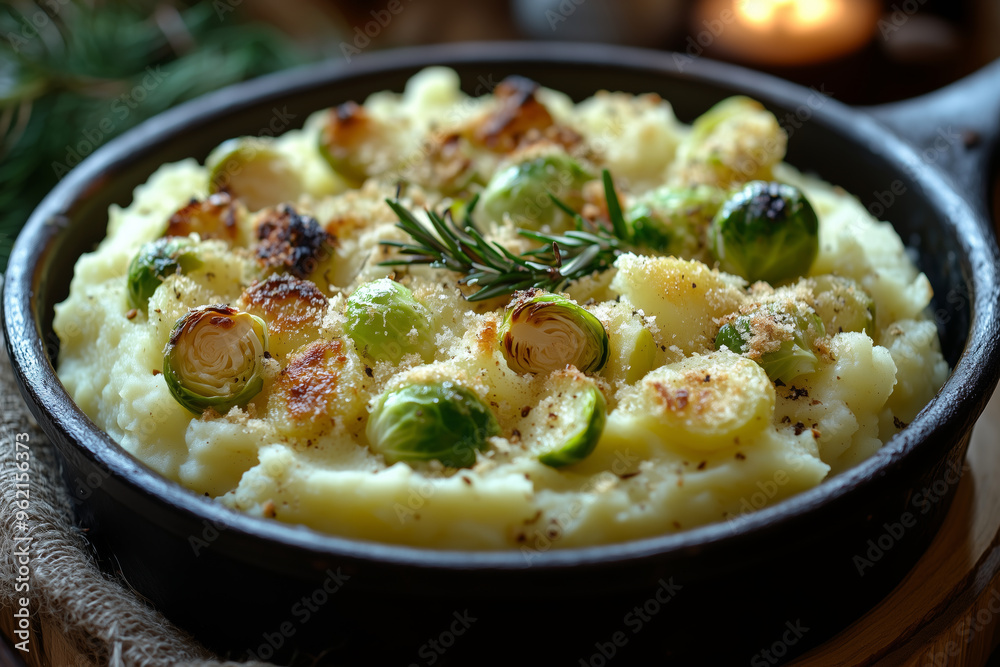Deliciously baked bubble and squeak served in a rustic dish with golden Brussels sprouts and aromatic herbs Deliciously baked bubble and squeak served in a rustic dish with golden Brussels sprouts and aromatic herbs