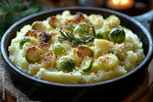 Deliciously baked bubble and squeak served in a rustic dish with golden Brussels sprouts and aromatic herbs photo