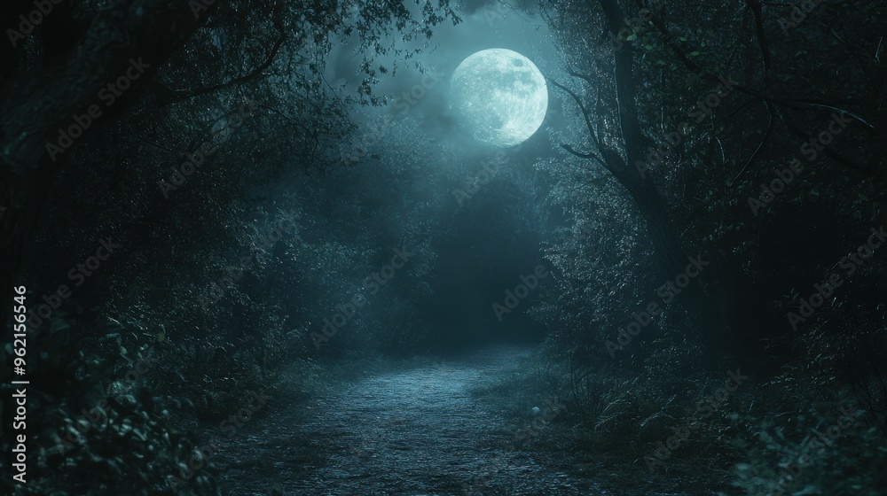 Fototapeta premium A cinematic shot of a haunted forest path illuminated by the glow of a full moon
