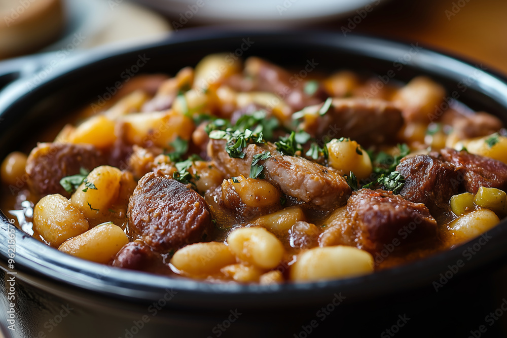 A hearty serving of fabada asturiana showcases vibrant colors and traditional flavors in a rustic dining setting A hearty serving of fabada asturiana showcases vibrant colors and traditional flavors in a rustic dining setting
