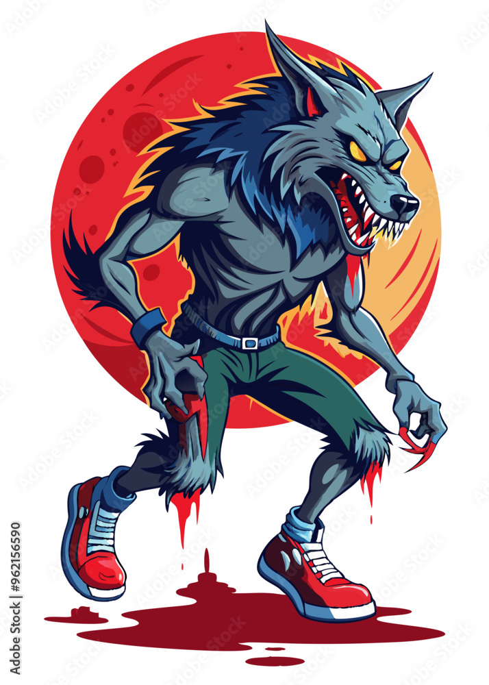 Fototapeta premium Werewolf with blood dripping from claws, howling at a blood-red moon.