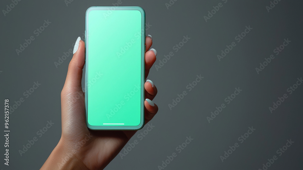 A hand holds a smartphone with a bright green screen. A hand holds a smartphone with a bright green screen.