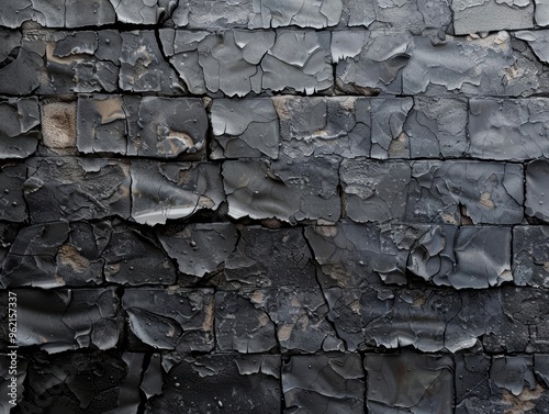 Close-up of a weathered, charred surface with peeling black paint, showcasing texture and depth for artistic backgrounds.