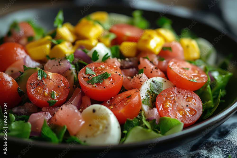 Discover the vibrant flavors of a traditional Ni?oise salad with fresh vegetables and herbs in a rustic French setting Discover the vibrant flavors of a traditional Ni?oise salad with fresh vegetables and herbs in a rustic French setting
