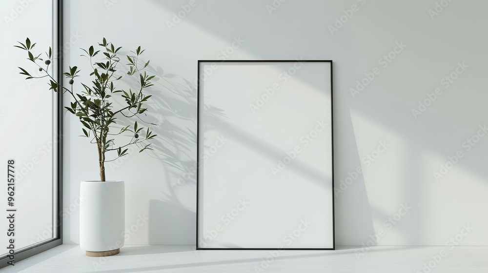 Mock-up of a poster frame set against a modern, minimalist living room interior. 3D render and illustration. Mock-up of a poster frame set against a modern, minimalist living room interior. 3D render and illustration.