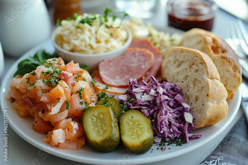 A classic ploughman's lunch served on a white plate featuring ham, cheese, pickles, and fresh salads for a delightful midday meal photo