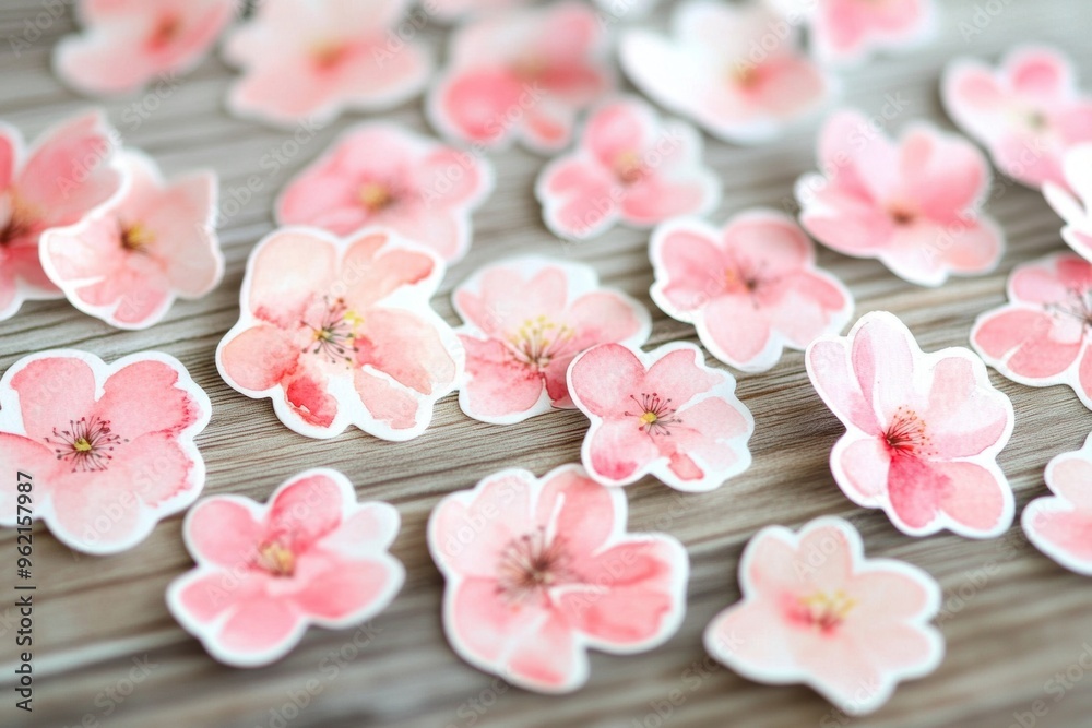 Pastel pink cherry blossom paper crafts on wooden background Pastel pink cherry blossom paper crafts on wooden background