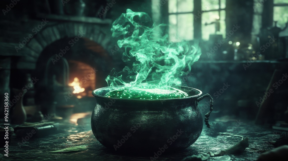 A cinematic shot of a witch potion bubbling in a cauldron, with glowing green smoke rising from it A cinematic shot of a witch potion bubbling in a cauldron, with glowing green smoke rising from it
