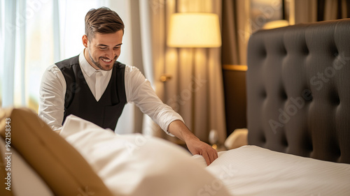 A hotel housekeeping manager checking the quality of a maid’s cleaning in a guest room with a focus on cleanliness and order. Ai generated