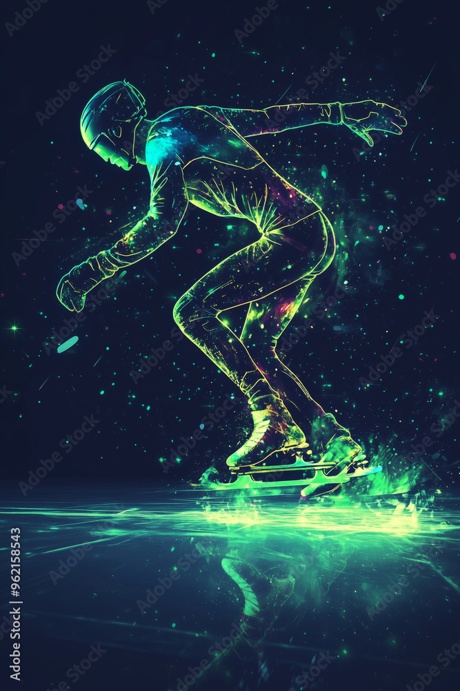 Naklejka premium A vibrant neon skater gliding through a snowy winter wonderland in a surreal display of speed and beauty