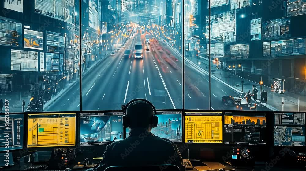 Traffic control operator monitoring city streets on multiple screens, showcasing urban surveillance and smart city technology for efficient transportation management