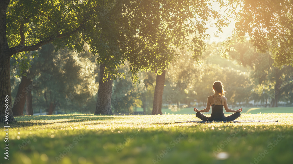 A serene morning scene of a woman practicing yoga on a green grass lawn in the park, surrounded by tall trees and soft sunlight filtering through the leaves. Ai generated A serene morning scene of a woman practicing yoga on a green grass lawn in the park, surrounded by tall trees and soft sunlight filtering through the leaves. Ai generated