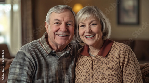 A senior couple relaxing together in a beautifully decorated common area of their independent living community. They are looking at the camera with relaxed and happy expressions. Ai generated