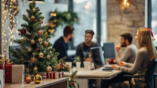 Coworkers celebrating Christmas in modern office, decorating tree and socializing during festive season, balancing work and holiday cheer photo