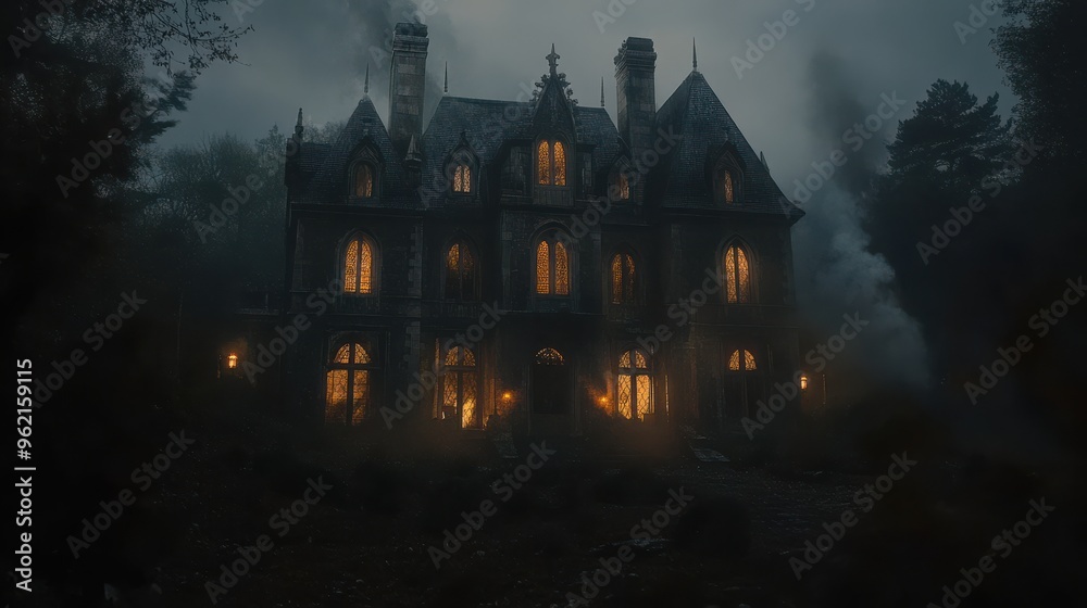 A cinematic shot of a spooky old mansion with glowing windows and an eerie mist rising from the ground A cinematic shot of a spooky old mansion with glowing windows and an eerie mist rising from the ground